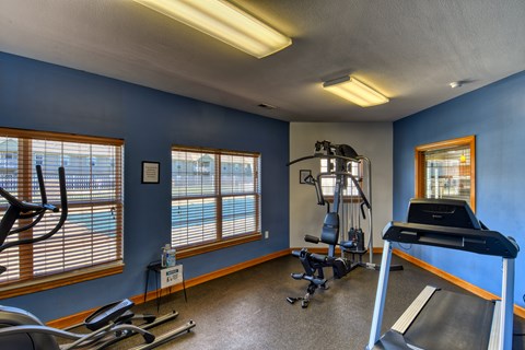 A gym with a treadmill, elliptical trainer, and other exercise equipment.