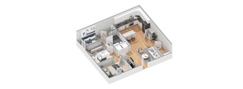 A 3D floor plan of a small apartment with a kitchen, living room, and bedroom.