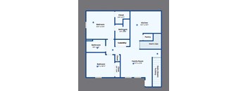 A blue and white floor plan of a house with labeled rooms.