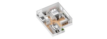 A 3D image of a small apartment with a bedroom, living room, and kitchen.