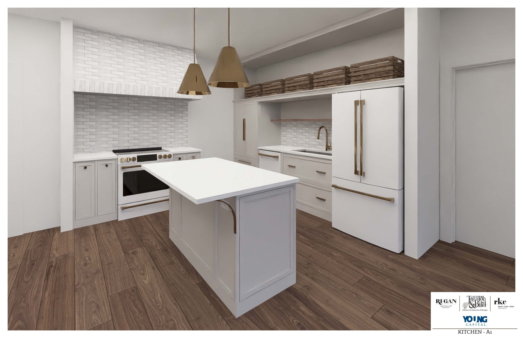 A kitchen with white cabinets and a white island.