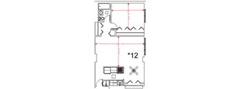 A floor plan of a room with dimensions and furniture layout.