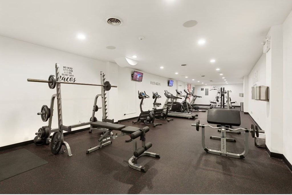 A gym with a variety of equipment including a squat rack, bench press, and a treadmill.