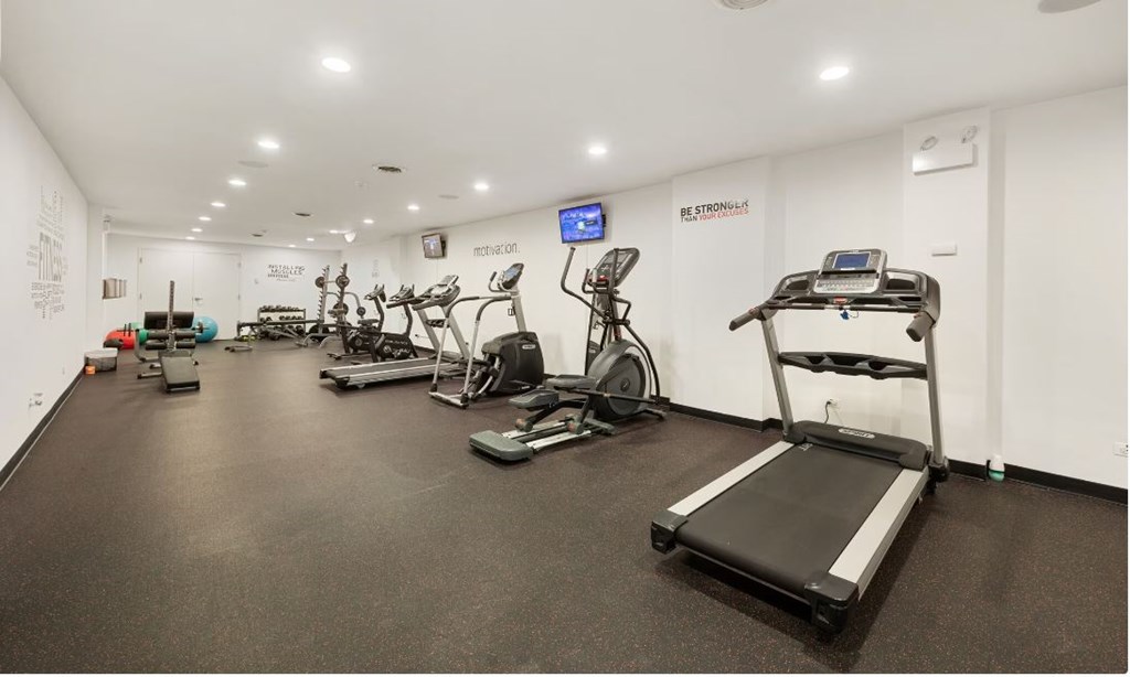 A gym with treadmills, exercise bikes, and other equipment.