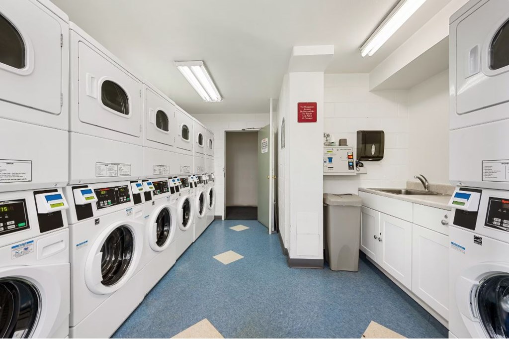A row of washing machines in a public laundromat.