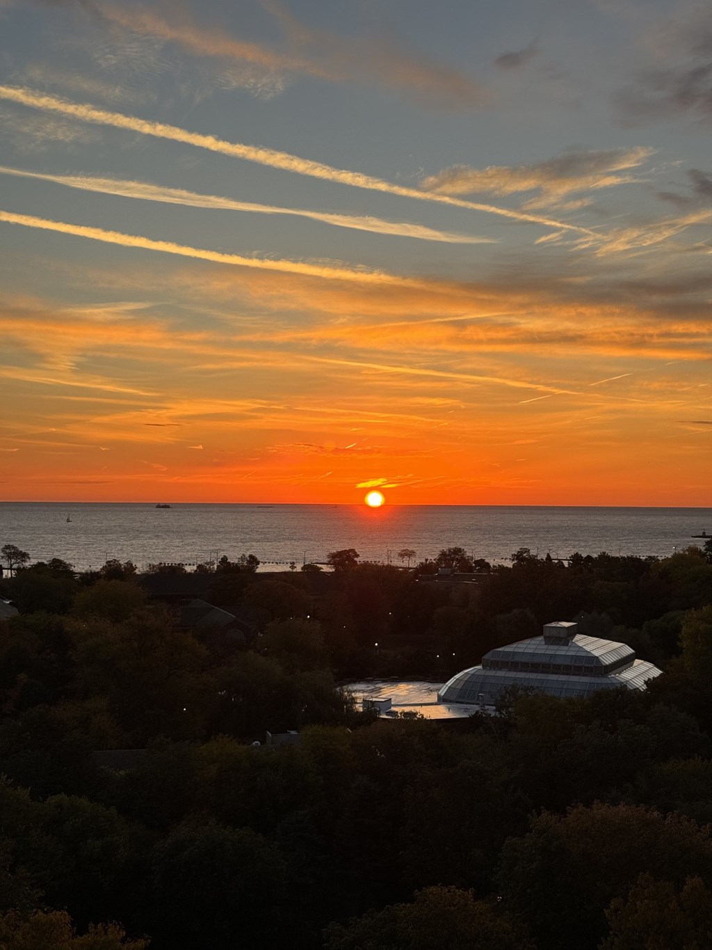 A sunset over the ocean with a silhouette of a building in the foreground.at The Nest at Lincoln Park West, Chicago