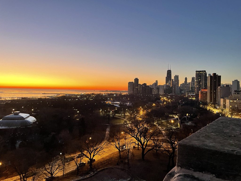 A city skyline at dusk at The Nest at Lincoln Park West, Illinois