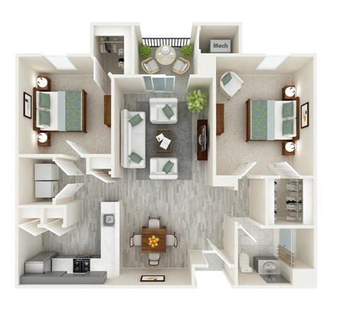 A top down view of a modern apartment layout.