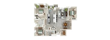 A top-down view of a house layout with a kitchen, living room, and bathroom.