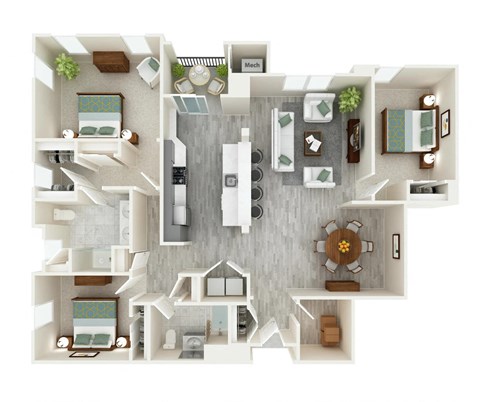 A top-down view of a house layout with a kitchen, living room, and bathroom.
