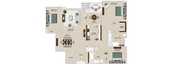 A floor plan of a house with a living room, dining room, kitchen, and multiple bathrooms.