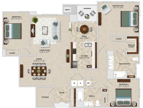A floor plan of a house with a living room, dining room, kitchen, and multiple bathrooms.
