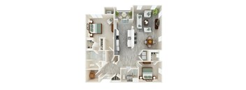 A top down view of a modern apartment layout.