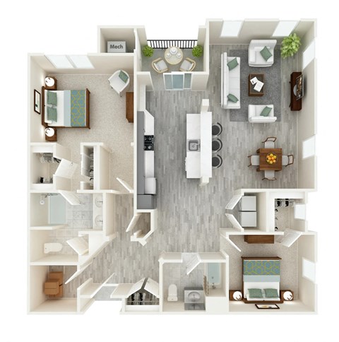 A top down view of a modern apartment layout.