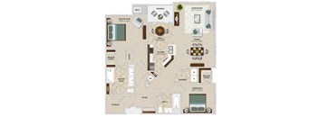 A floor plan of an apartment with a living room, kitchen, dining room, and two bedrooms.