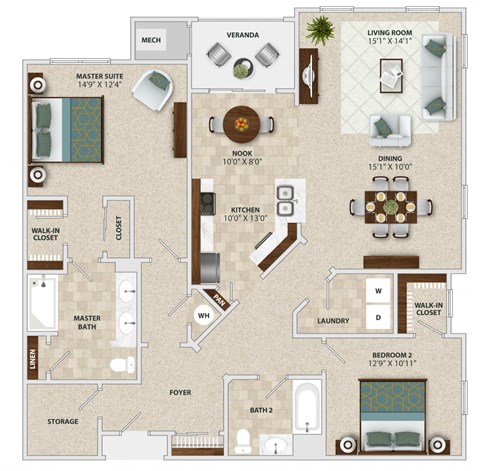 A floor plan of an apartment with a living room, kitchen, dining room, and two bedrooms.