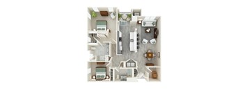 A top-down view of a small apartment with a kitchen, living room, and bedroom.