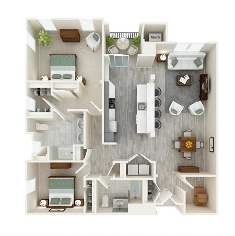 A top-down view of a small apartment with a kitchen, living room, and bedroom.