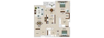 A floor plan of a house with a living room, kitchen, dining room, and two bedrooms.