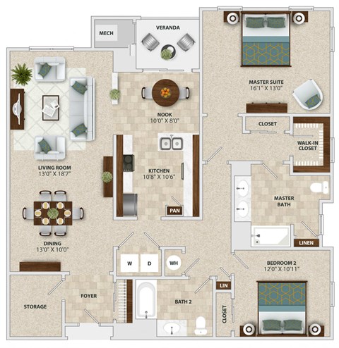 A floor plan of a house with a living room, kitchen, dining room, and two bedrooms.