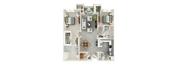 A top-down view of a small apartment with a kitchen, living room, and bathroom.