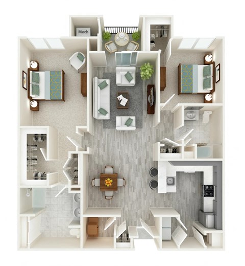 A top-down view of a small apartment with a kitchen, living room, and bathroom.