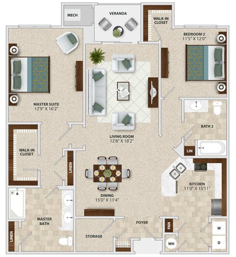A floor plan of a home with a living room, two bedrooms, a master suite, a dining room, a kitchen, a foyer, and storage.