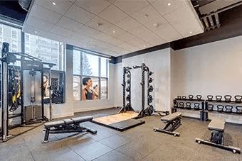 A gym with a variety of equipment including a bench, weights, and a squat rack.