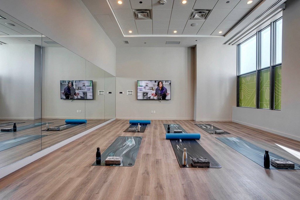 A yoga studio with mats and screens on the wall.