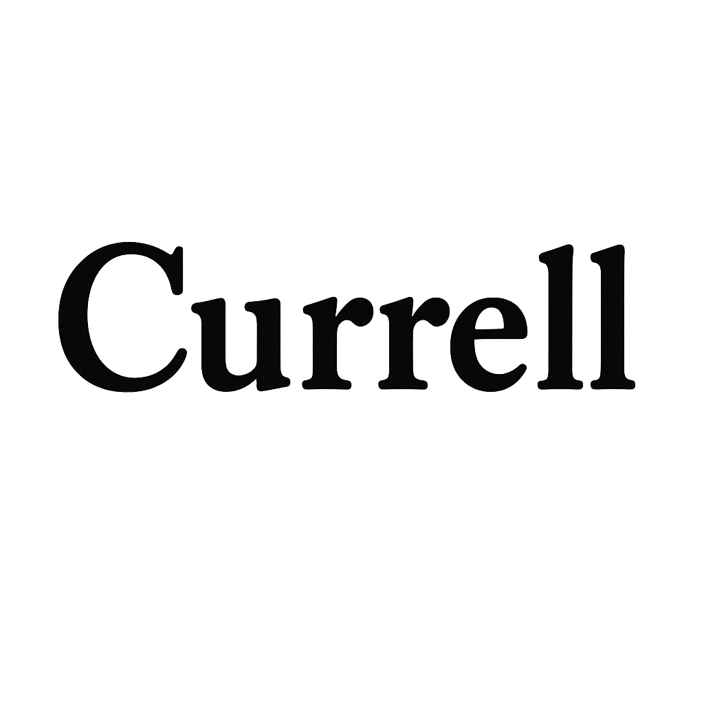 The image displays the word "Currell" in black text on a green background.