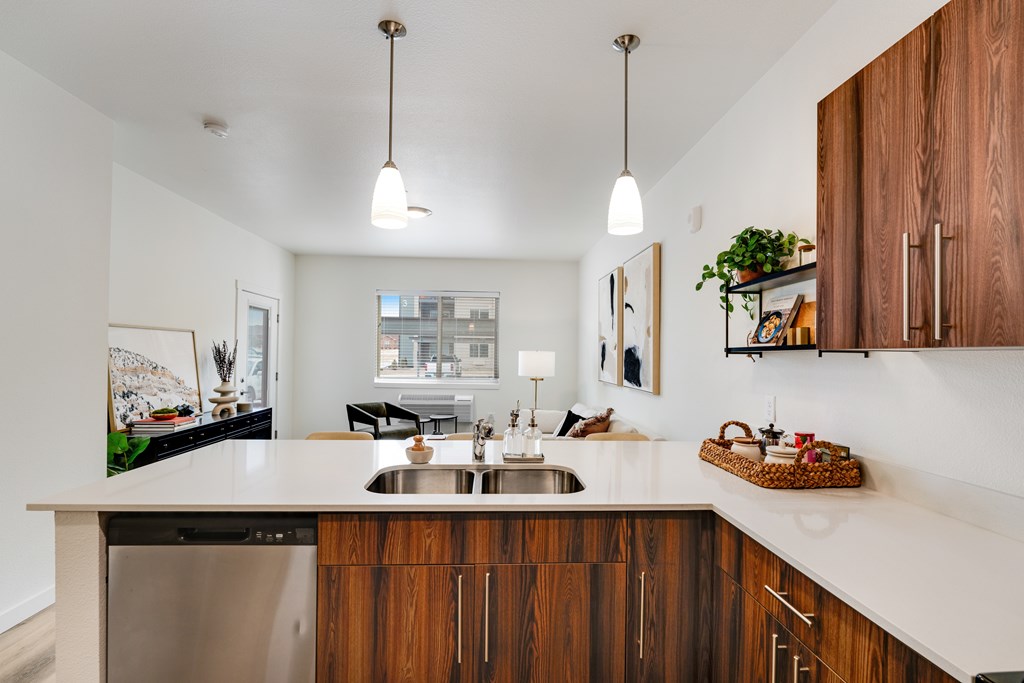 A modern kitchen with wooden cabinets and a stainless steel dishwasher.