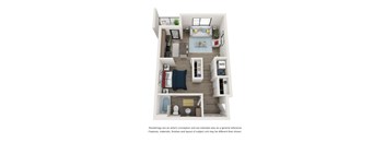 A floor plan of a small apartment with a kitchen, living room, and bedroom.