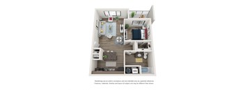 A top-down view of a small apartment with a kitchen, living room, and bedroom.