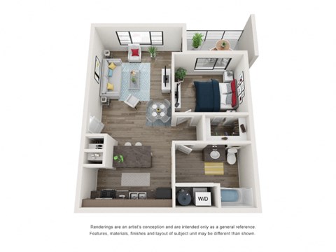 A top-down view of a small apartment with a kitchen, living room, and bedroom.
