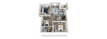 A 3D rendering of a modern, minimalist apartment layout.