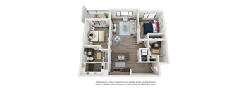 A 3D floor plan of a small apartment with a kitchen, living room, and bedrooms.