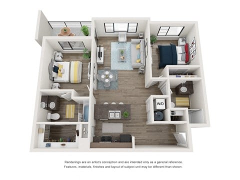 A 3D floor plan of a small apartment with a kitchen, living room, and bedrooms.