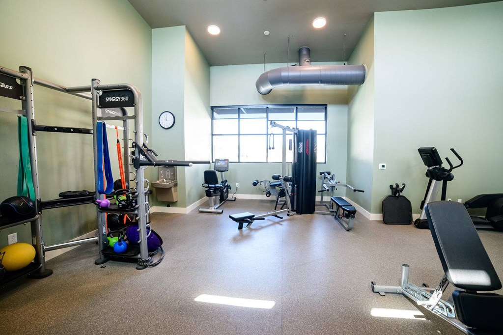A gym with a variety of equipment including a squat rack, bench, and weights.