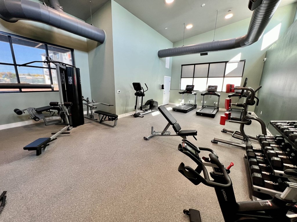 A gym with a variety of equipment including treadmills, weights, and exercise machines.