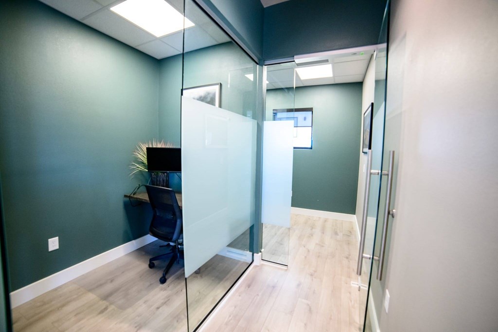 A glass wall divides a room with a black chair and a plant.