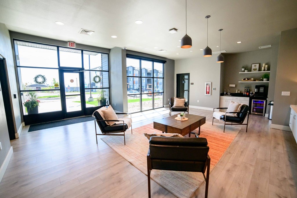 A modern living room with a view of the outside.