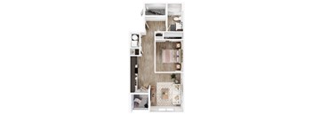 A top-down view of a small, neatly organized apartment with a bed, desk, and kitchenette.