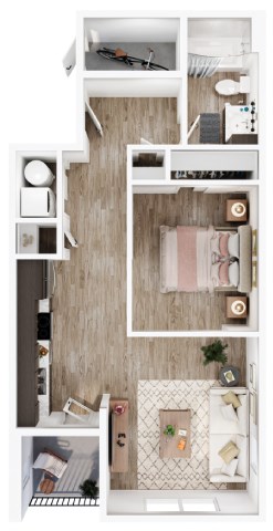 A top-down view of a small, neatly organized apartment with a bed, desk, and kitchenette.