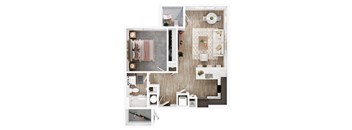 A top-down view of a small apartment with a kitchen, living room, and bathroom.