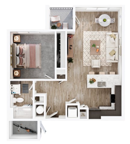 A top-down view of a small apartment with a kitchen, living room, and bathroom.