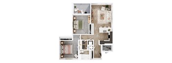 A top-down view of a small apartment layout with a kitchen, living room, and bedroom.