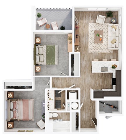 A top-down view of a small apartment layout with a kitchen, living room, and bedroom.