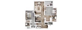 A top down view of a house layout with a kitchen, living room, and bathroom.