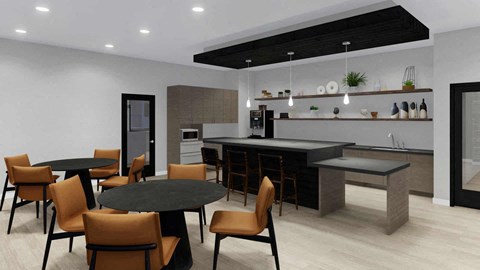 A modern dining room with a black table and chairs.