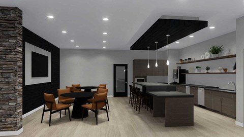 A modern kitchen with a dining table and chairs.